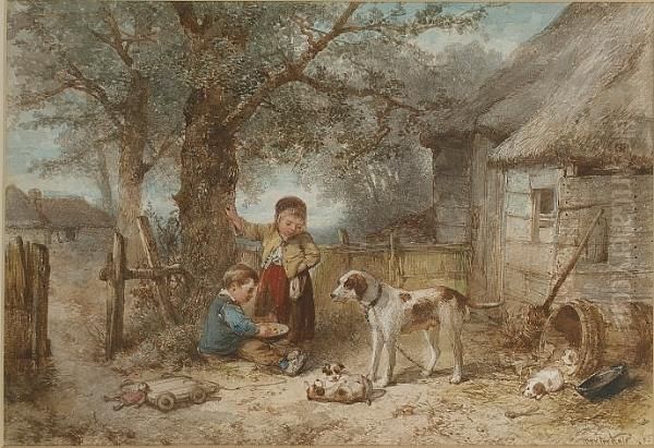 Playing With The Puppies Oil Painting by Jan Mari Henri Ten Kate