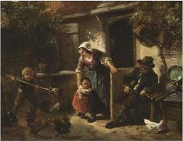 A Family In A Court Yard Oil Painting by Jan Mari Henri Ten Kate