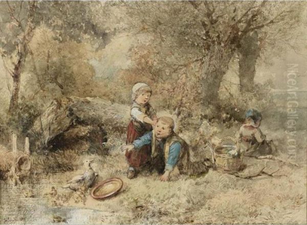 Children Feeding The Ducks Oil Painting by Jan Mari Henri Ten Kate