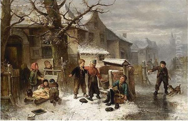 Children Playing In The Snow Oil Painting by Jan Mari Henri Ten Kate