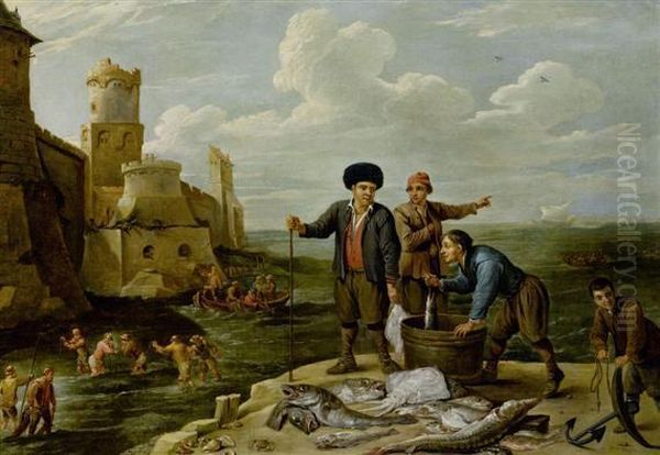 Fishing Scene At A Harbour Oil Painting by David The Younger Teniers