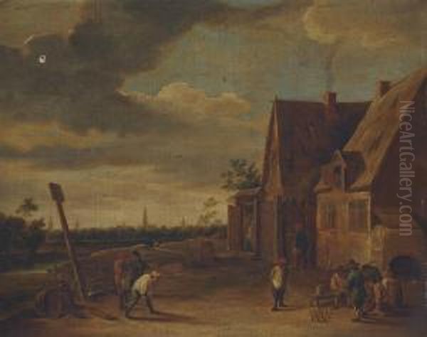 A Village Landscape With Skittle Players Outside A Tavern, A City Beyond Oil Painting by David The Younger Teniers