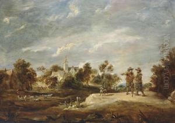 A Wooded Landscape With Two Figures Conversing, A Church Beyond Oil Painting by David The Younger Teniers