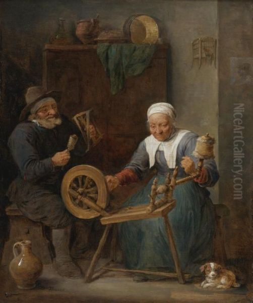 An Elderly Couple Spinning Wool In An Interior Oil Painting by David The Younger Teniers