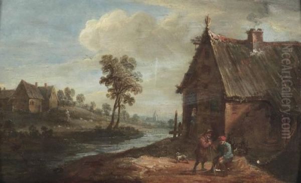 A River Landscape With Peasants Outside A Cottage Oil Painting by David The Younger Teniers