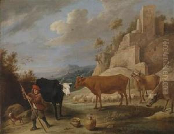 A Shepherd And His Flock In A Landscape With Ruins Oil Painting by David The Younger Teniers