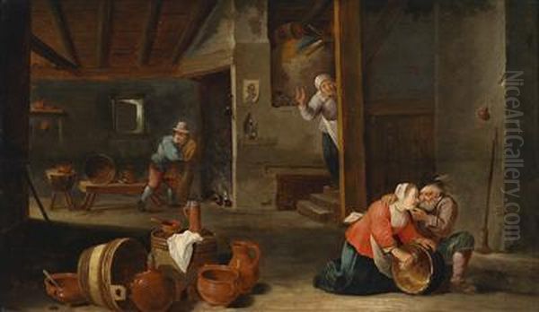 The Interior Of A Farmhouse With An Amorous Old Man Oil Painting by David The Younger Teniers