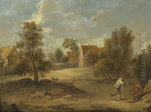 A Village And Two Shepherds With Their Flock Oil Painting by David The Younger Teniers