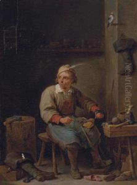 A Shoemaker In His Workshop, With Boots, Tools And A Jaybird Oil Painting by David The Younger Teniers