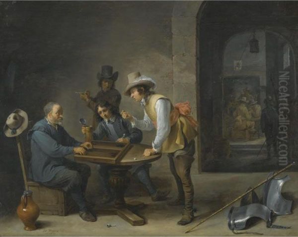 A Guardroom Scene With Tric-trac Players In The Foreground Oil Painting by David The Younger Teniers