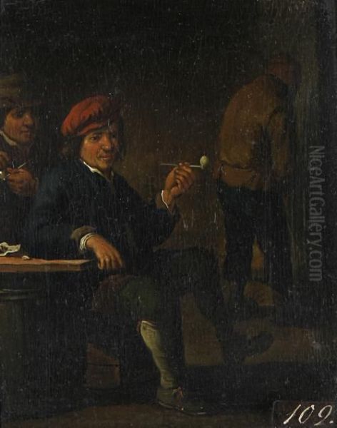 Topers In An Interior Smoking Oil Painting by David The Younger Teniers