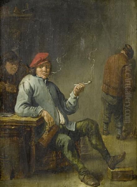 An Interior With Topers Smoking Oil Painting by David The Younger Teniers