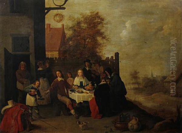 Figures Dining Before A Country Inn Oil Painting by David The Younger Teniers