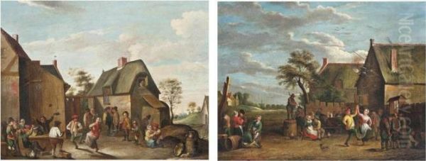 Peasants Dancing Before An Inn; And Peasants Merry Making Before A Barn Oil Painting by David The Younger Teniers