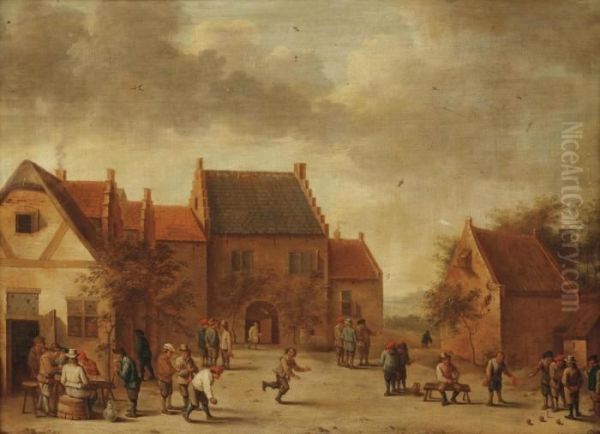 A Town View With Figures Playing Ballgames Oil Painting by David The Younger Teniers