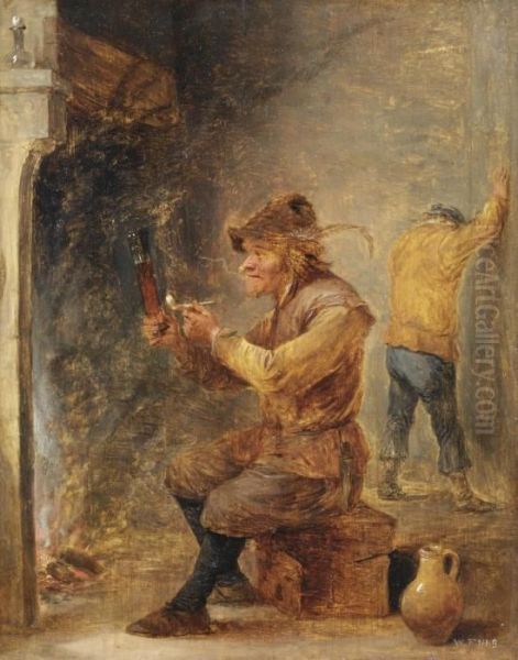 A Peasant Smoking And Drinking Beer In An Interior Oil Painting by David The Younger Teniers