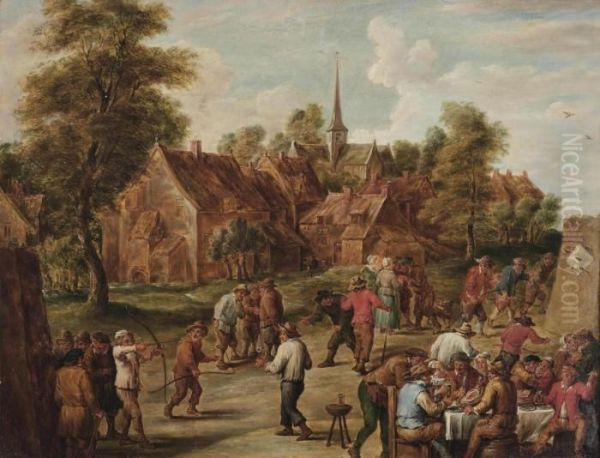 A Village Feast With With Peasants Playing A Game Of Archery Oil Painting by David The Younger Teniers