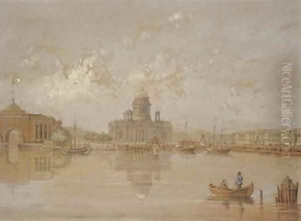 A view of St. Isaac's Cathedral from the Neva, St. Petersburg Oil Painting by Russian School