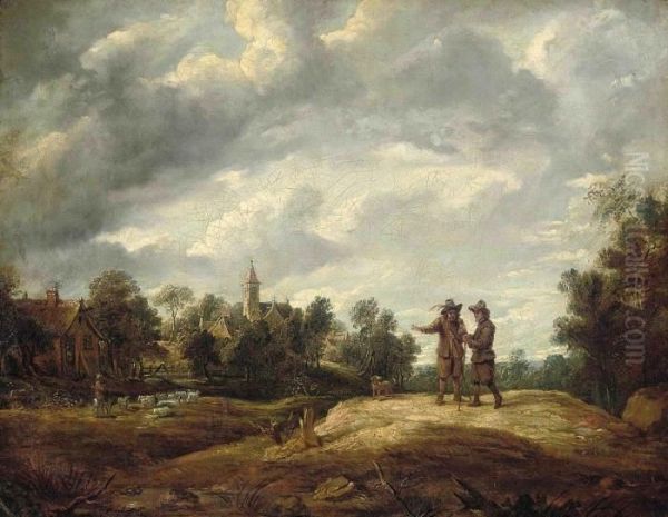 Two Travellers On A Path Before A Village Oil Painting by David The Younger Teniers