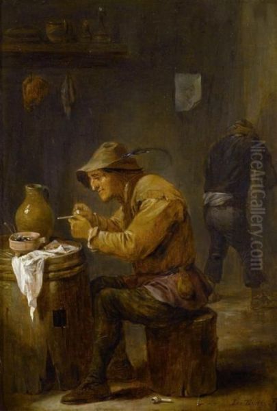 Man Cleaning A Pipe Oil Painting by David The Younger Teniers