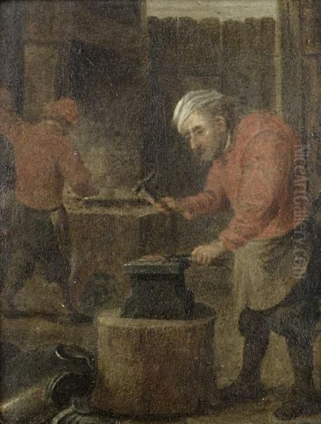 A Blacksmith Forging Armour Oil Painting by David The Younger Teniers