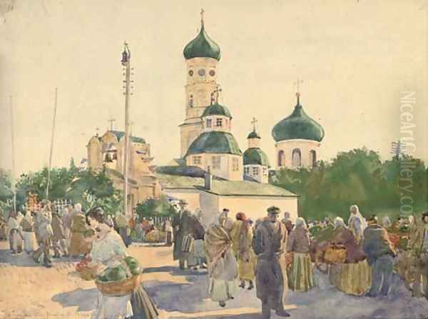 In a Russian market square Oil Painting by Russian School