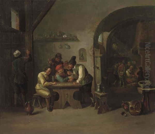 Figures Playing Games In A Tavern Oil Painting by David The Younger Teniers