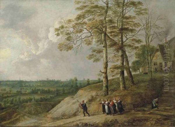 An Extensive Landscape With A Bagpiper And Other Figures On A Path,a Farmhouse Beyond Oil Painting by David The Younger Teniers