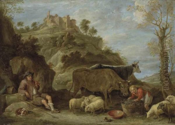 A Mountainous Landscape, A 
Shepherd With His Flock And A Milkmaidwith Cattle, A Hilltop Town Beyond Oil Painting by David The Younger Teniers