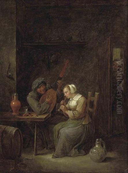 Two Figures Playing Music In A Rustic Interior Oil Painting by David The Younger Teniers