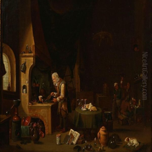 In An Alchemist Workshop Oil Painting by David The Younger Teniers