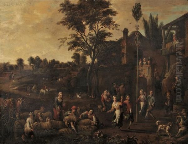 Peasants Dancing Outside A Village Gate Oil Painting by David The Younger Teniers