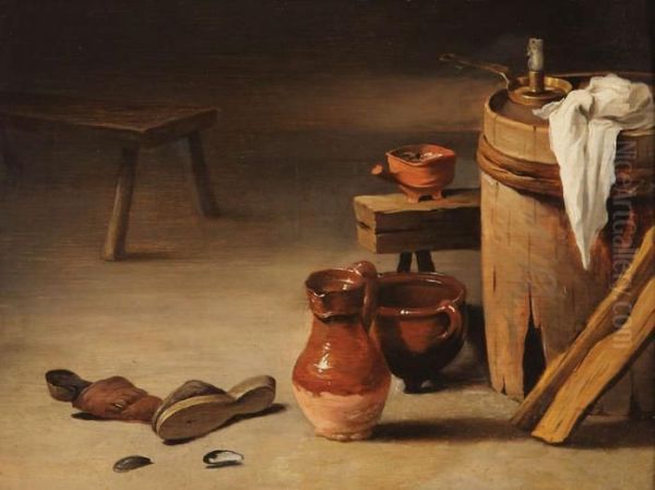 Omgeving 
Boerenstilleven Met Pantoffels, Mosselschelpen, Kruik, Pot Enkaarsenpan Bij Ton En Bankjes Oil Painting by David The Younger Teniers