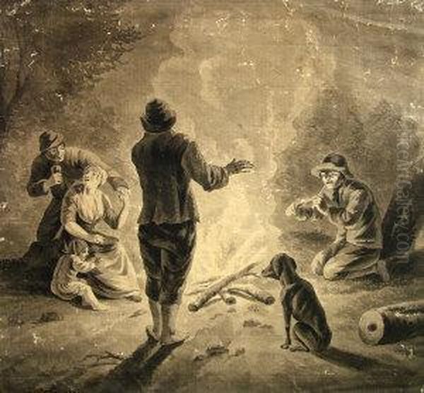 Figures Gathered Around A Fire Oil Painting by David The Younger Teniers