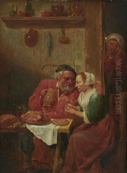 Ein Alter Bauer Im Vetrauten Gesprach Mit Einer Magd Oil Painting by David The Younger Teniers