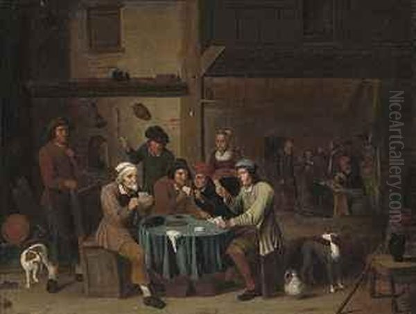 Card Players In An Interior Oil Painting by David The Younger Teniers