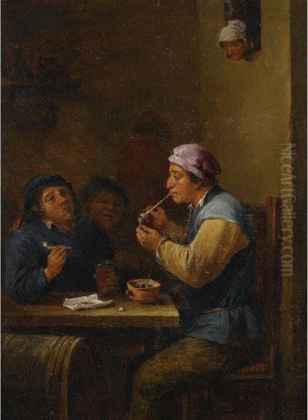 Three Peasants Seated At A Table Smoking And Drinking Oil Painting by David The Younger Teniers