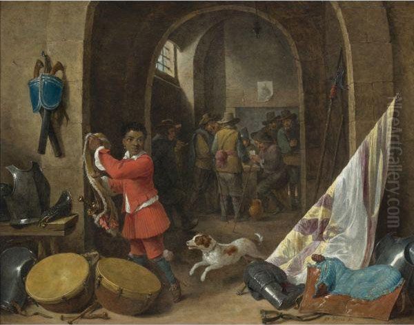 A Guardroom Interior Oil Painting by David The Younger Teniers