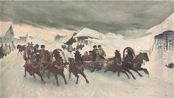 Troikas in the snow Oil Painting by Russian School