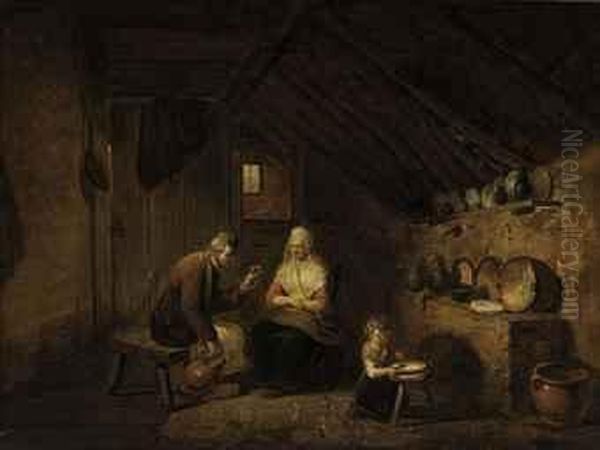 A Peasant Family In A Kitchen Interior Oil Painting by David The Younger Teniers