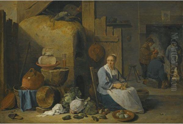 A Barn Interior With A Maid Preparing Vegetables Oil Painting by David The Younger Teniers