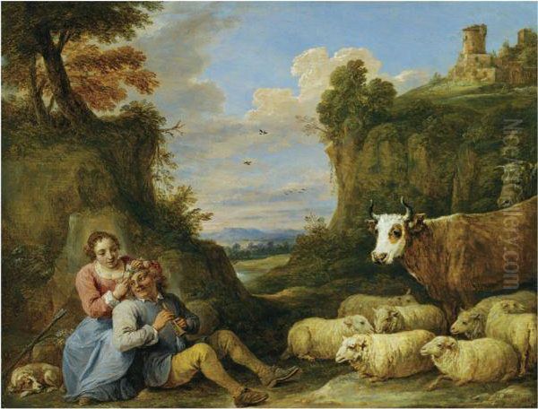 An Amorous Peasant Couple With Their Flock In A Landscape Oil Painting by David The Younger Teniers