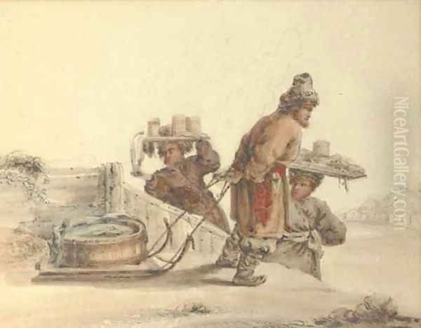 Two peasants pulling a sleigh laden with fish Oil Painting by Russian School