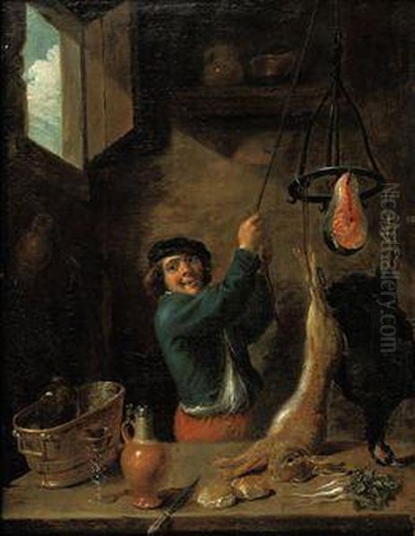 A Kitchen Interior With A 
Peasant Holding A Hare, A Partridge And Afillet Of Salmon By A Rope Oil Painting by David The Younger Teniers