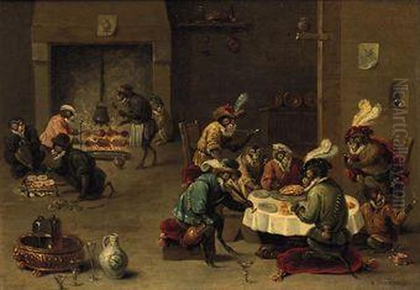 Monkeys Smoking, Drinking And Preparing A Meal By A Fireplace Oil Painting by David The Younger Teniers