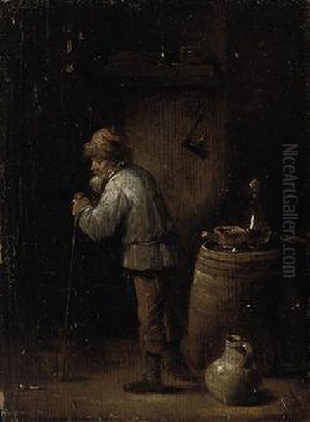 An Old Man Leaning On A Walking Stick In An Interior Oil Painting by David The Younger Teniers