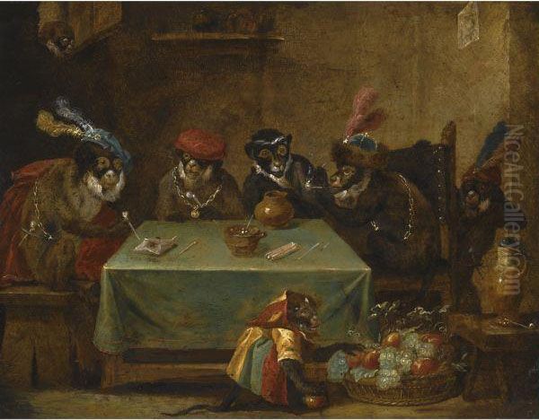 A Singerie With Monkeys Smoking At A Table Oil Painting by David The Younger Teniers