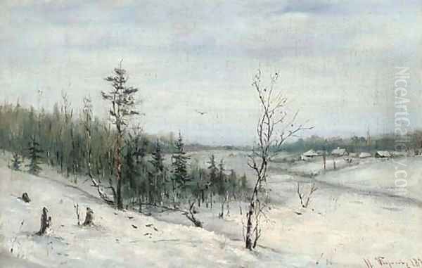 Winter woodland before a hamlet Oil Painting by Russian School