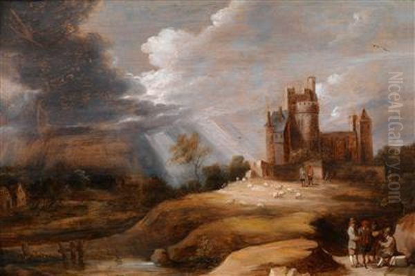 Landschaft Mit Einer Burg Und Sich Unterhaltendenmannern Bei Aufkommendem Sturm Oil Painting by David The Younger Teniers