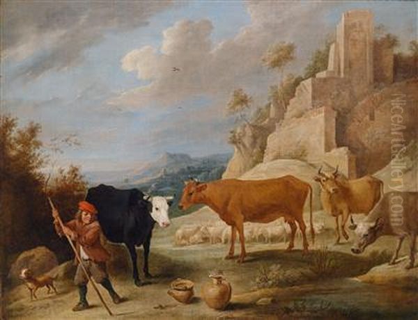 Einhirt Mit Seiner Herde In Einer Landschaft Mit Ruinen Oil Painting by David The Younger Teniers